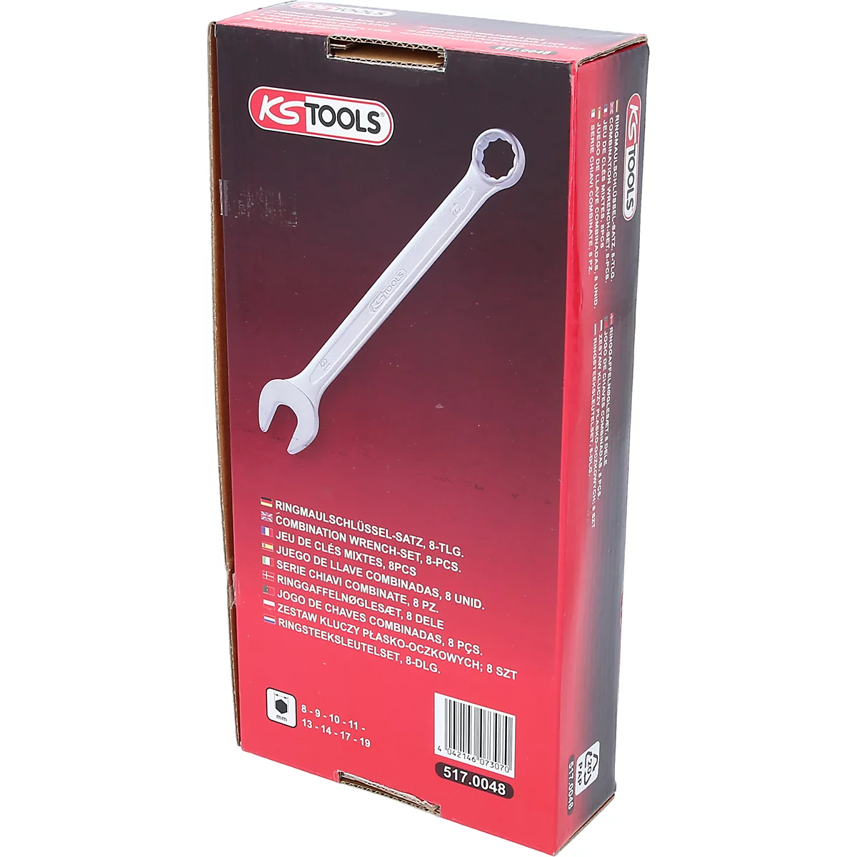 Verpackung eines KS Tools Kombischlüsselsatzes, weißer Schlüssel vor rotem Hintergrund, Text auf Englisch und Deutsch.